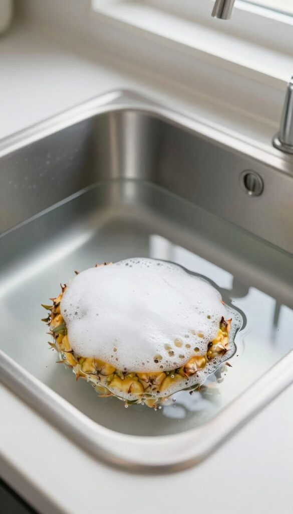 Stainless steel pan with burnt marks soaking in warm water with a dryer sheet and dish soap, bright kitchen lighting
