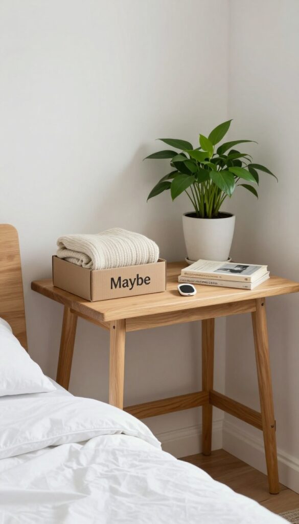 A 'Maybe' box on a desk in a clean, bright bedroom, holding a few uncertain items like a sweater and a gadget.