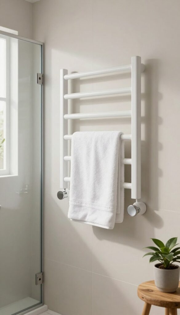 Small bathroom with heated towel rail near shower, spa-like design