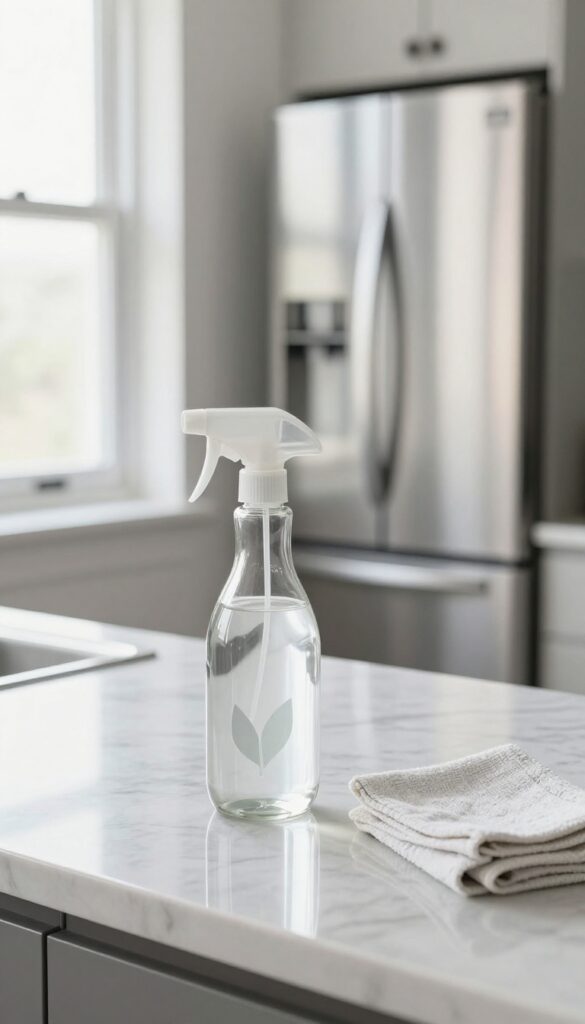Kitchen cleaning supplies including glass cleaner and microfiber cloth on marble countertop, with shiny stainless steel and glass surfaces in background.