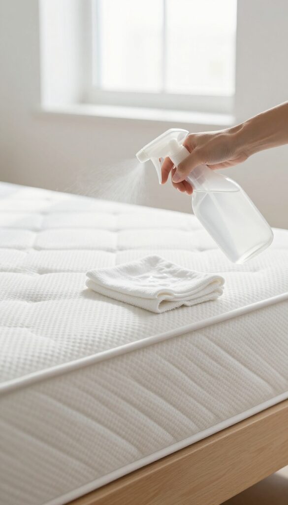 Person spraying rubbing alcohol on a mattress to remove urine smell
