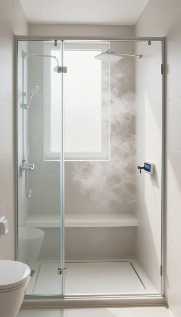 Steam shower system in a modern bathroom with glass enclosure and natural light
