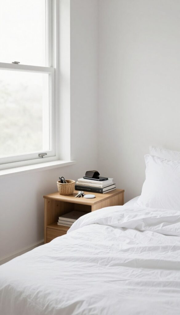 A tidy bedroom with a nightstand featuring a basket for keys and wallet, a phone on a charging pad, and books on a shelf.