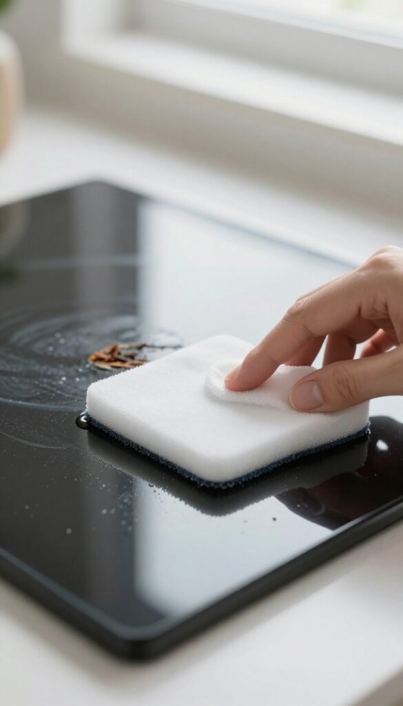 Magic Eraser cleaning stubborn burnt mark on glass cooktop