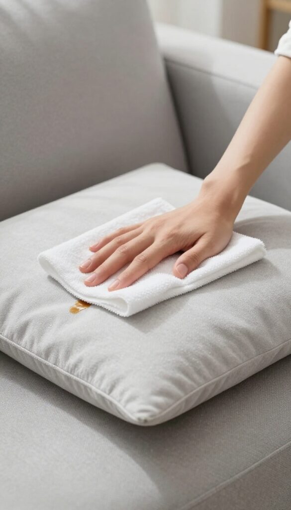 Hand blotting a coffee stain on a microfiber couch with a white cloth