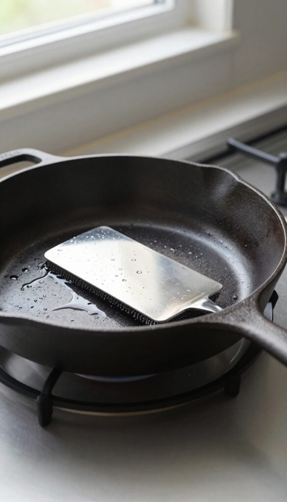 Cast iron skillet with chainmail scrubber for heavy duty cleaning
