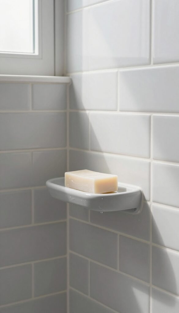 Modern shower niche with built-in soap dish holding a bar of soap, dry and elevated, natural light, clean design