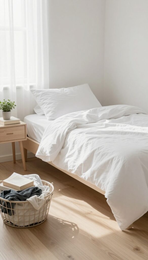 Bright, clutter-free bedroom with a laundry basket for decluttering, soft natural light, minimalist decor.