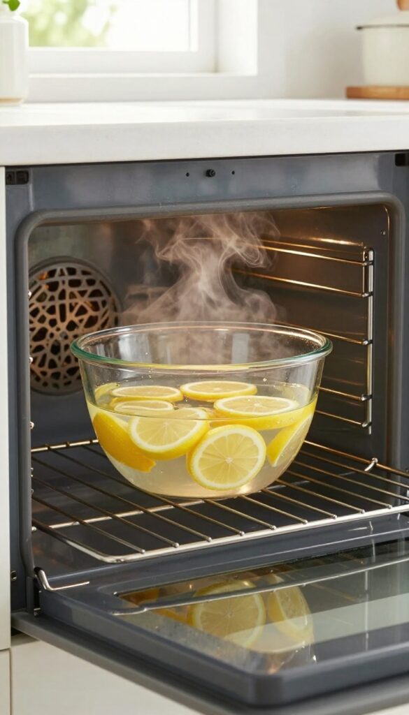 Steam cleaning oven with water and lemon slices in a bowl