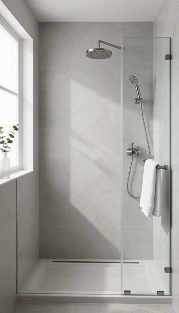 A bright, clean shower with a single-color herringbone tile pattern in matte gray, natural light, and minimalist fixtures.