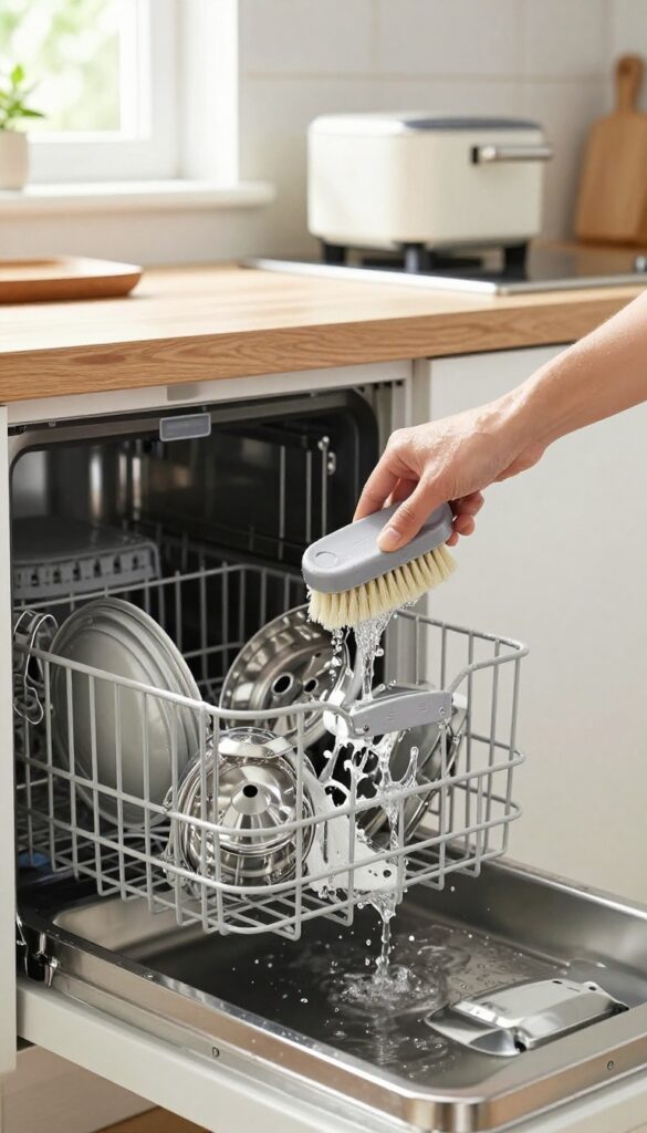 Cleaning a dishwasher silverware basket with a brush in a bright kitchen