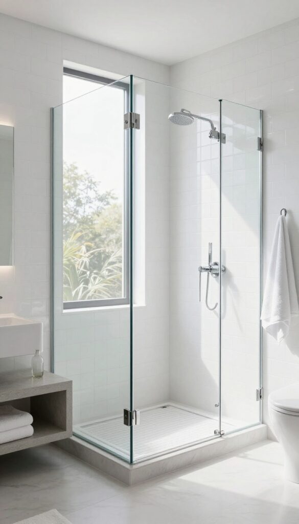 Glass shower with built-in stone bench in a bright, minimalist bathroom