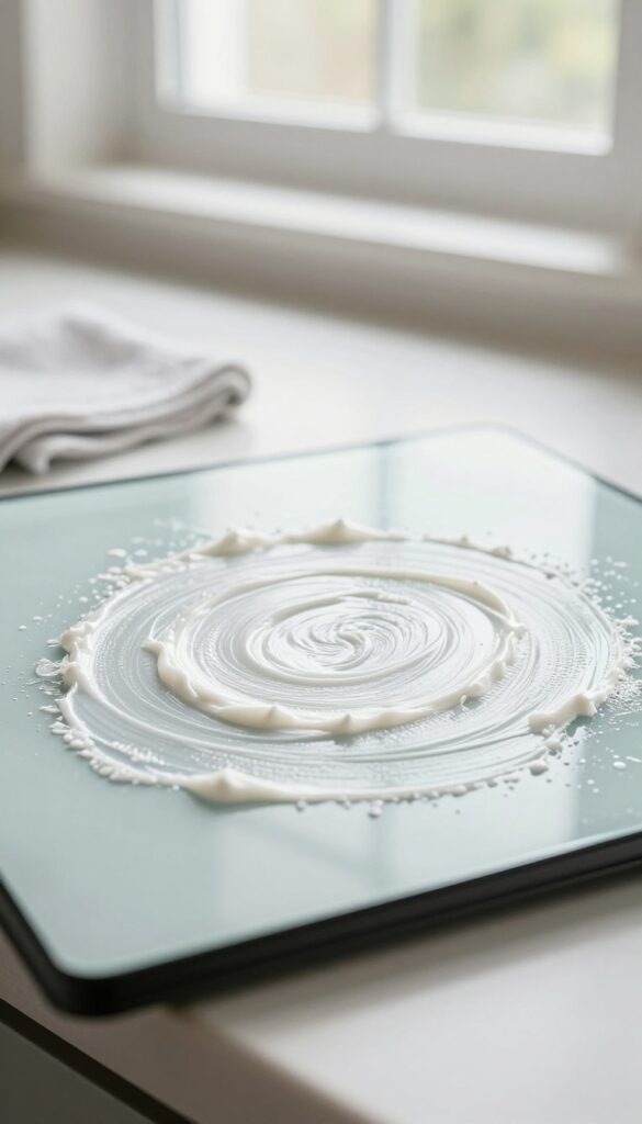 Applying baking soda paste to clean oven glass window