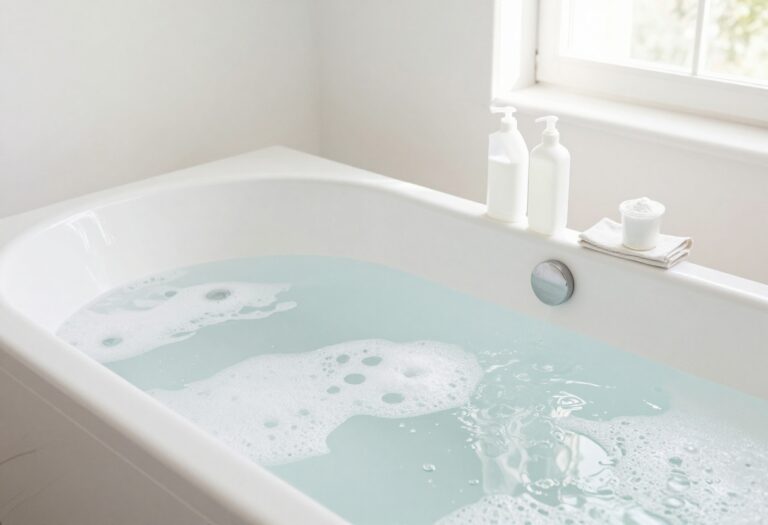 Clean Jacuzzi tub with bubbles and cleaning supplies on the edge