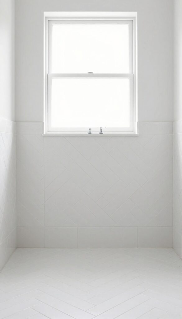 Small shower with herringbone pattern tile wall in soft white, bright natural light, minimalist bathroom design
