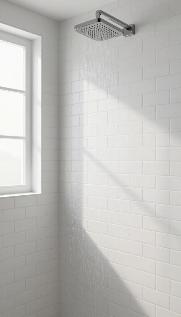 Vertical stacked subway tiles in a bright, modern shower with contrasting dark grout