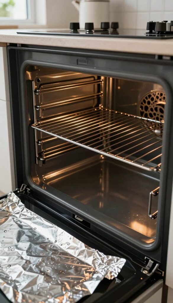 Oven with aluminum foil on floor and clean racks