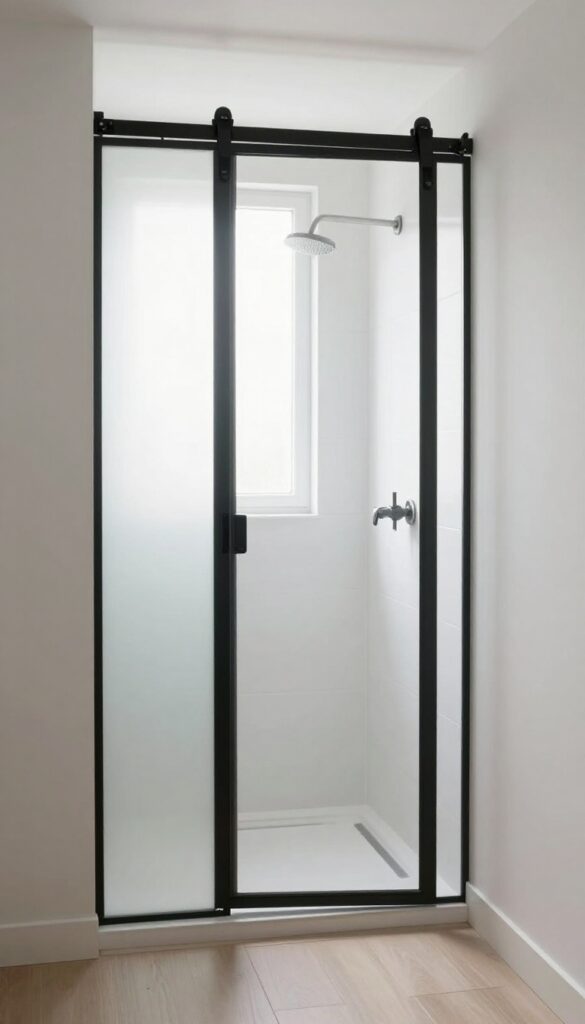 Small shower room with a sliding barn door, frosted glass, matte black hardware, bright natural light, clean and spacious feel.