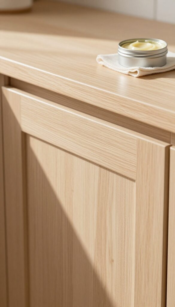 Buffing paste wax onto a wooden kitchen cabinet door for a warm, glossy finish