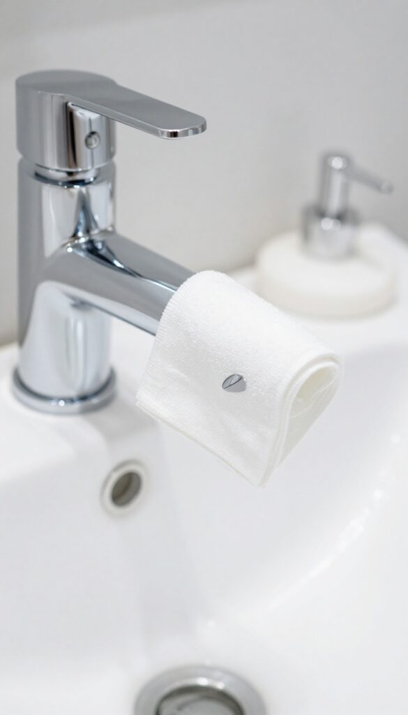Close-up of a hand wiping a chrome bathroom faucet with a microfiber cloth, bright natural light, clean and shiny
