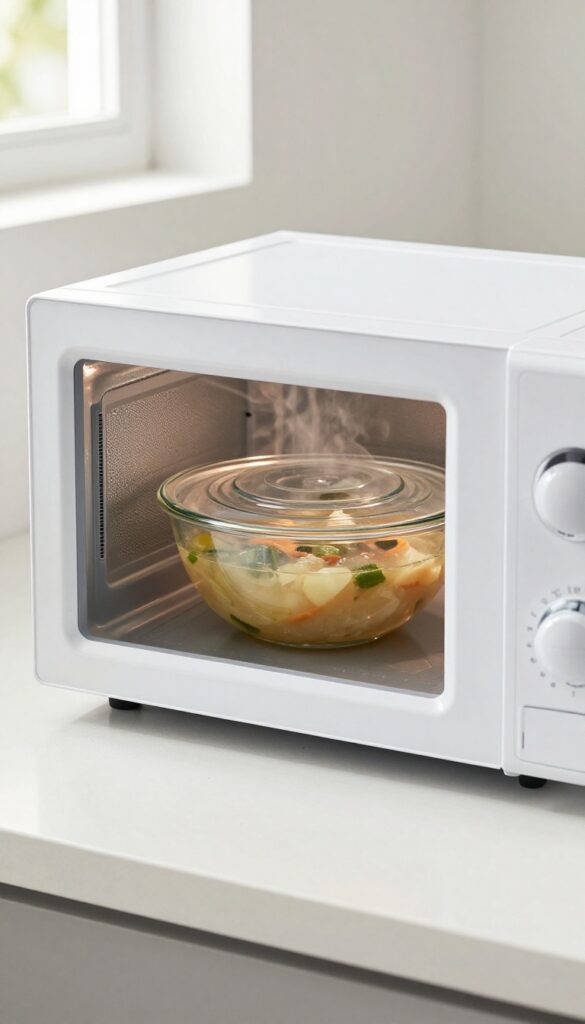 Microwave with a glass bowl covered by a transparent microwave cover to prevent splatters