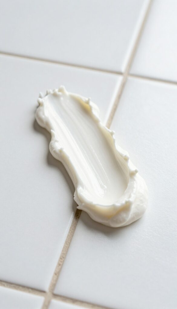 Applying cream of tartar paste to grout lines on a white tile floor for cleaning.