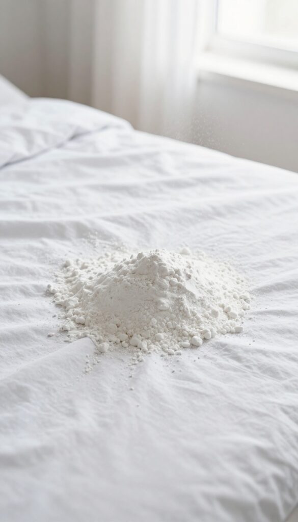 Sprinkling baking soda and cornstarch mixture on a mattress for deep cleaning