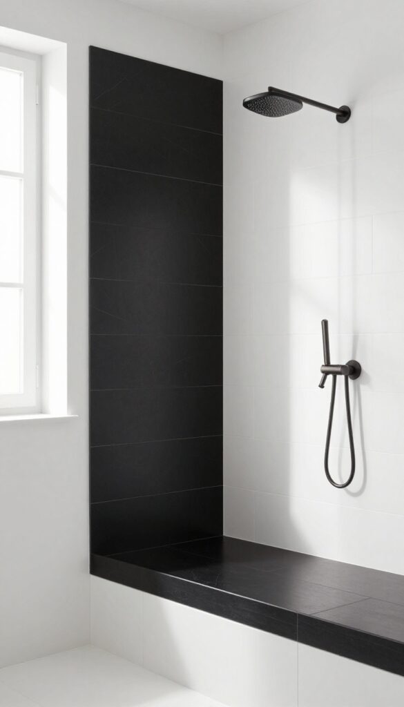 Black tile accent wall behind shower fixtures in a bright bathroom
