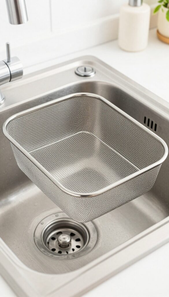 Close-up of a kitchen sink with a stainless steel mesh drain strainer in place, bright natural light, clean and tidy background