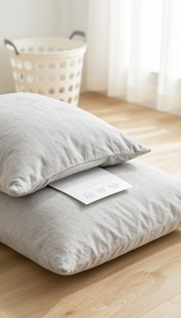 Close-up of a sofa cushion with a care label tag visible, ready for washing.