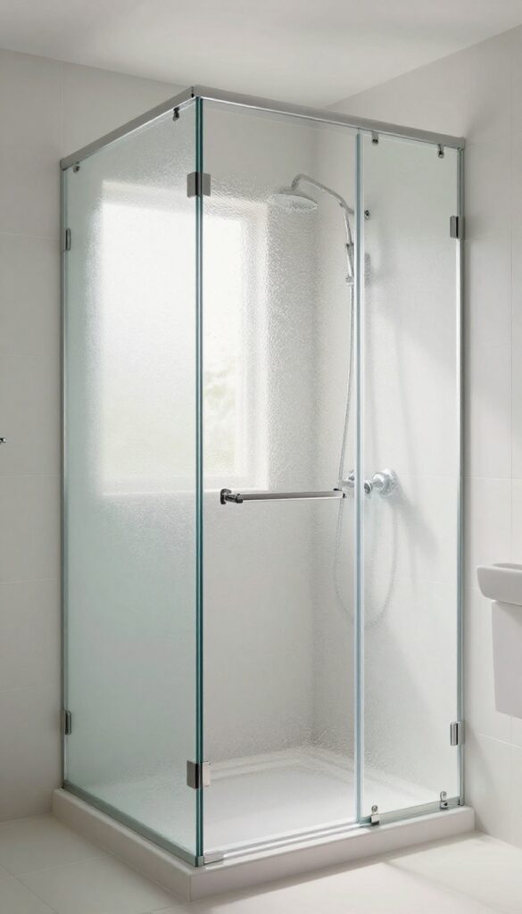 Frosted glass shower enclosure with partial frosting at eye level for privacy and natural light