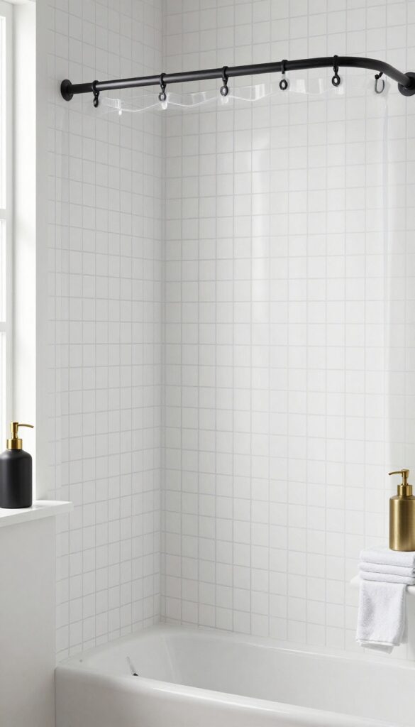 Minimalist grid pattern shower curtain in a bright, clean bathroom with matte black fixtures and natural light.