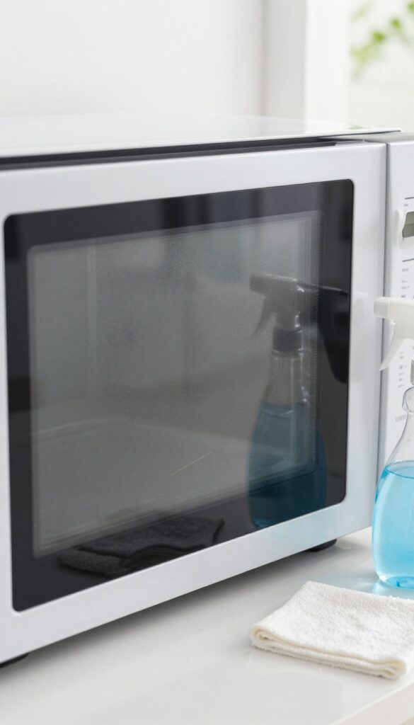 A clean microwave interior with streak-free glass door and shiny walls, a cloth and glass cleaner nearby.
