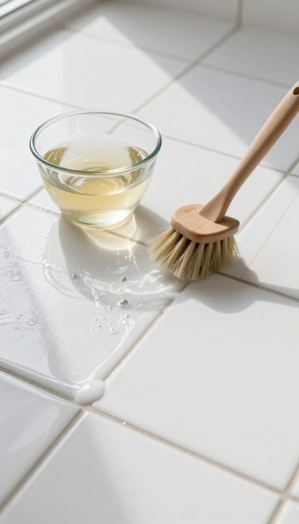 Oxygen bleach soak on tile floor grout with brush and bowl