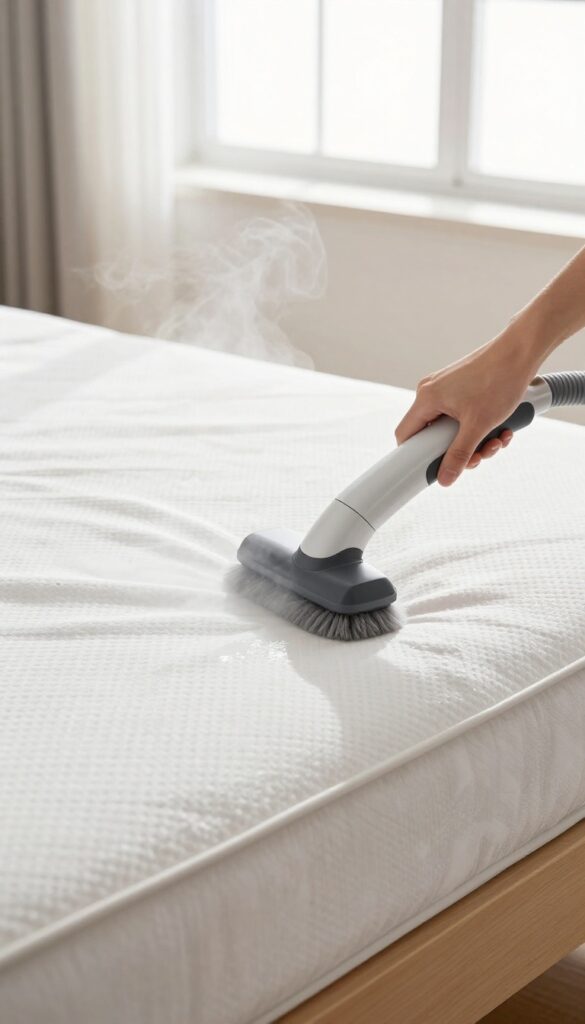 Steam cleaning a mattress with a handheld steamer in bright natural light