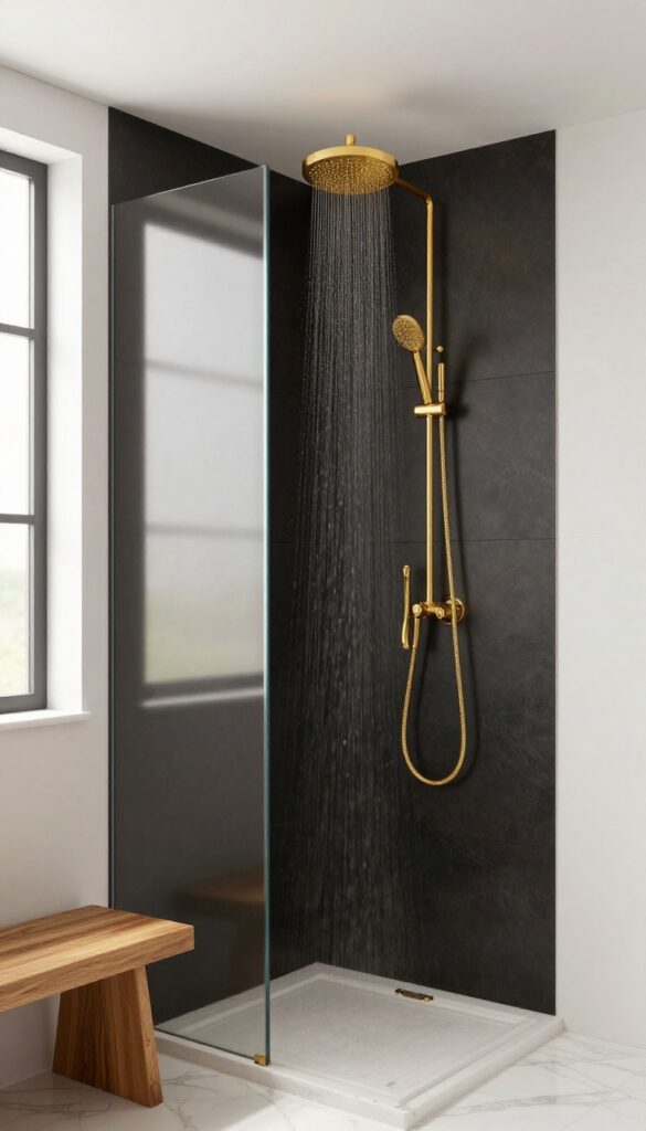 Black tile shower with brass or gold fixtures