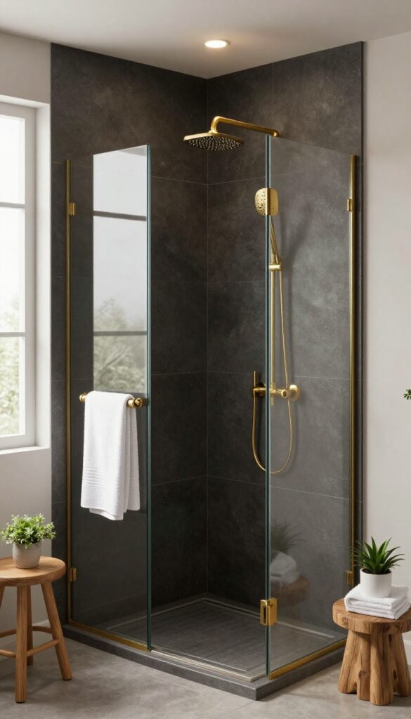 Dark charcoal large-format tile shower with brass fixtures and warm lighting