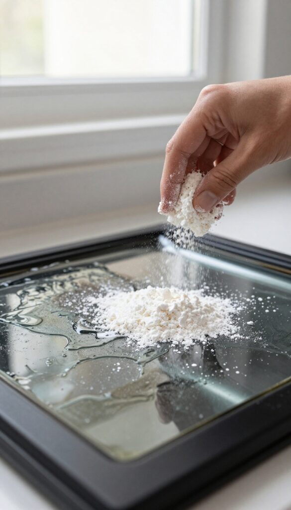 Sprinkling cornstarch on greasy oven door to absorb oil