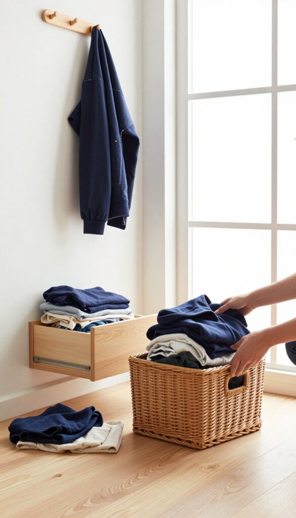 Person sorting clothes into hamper, drawer, and hook in a bright bedroom