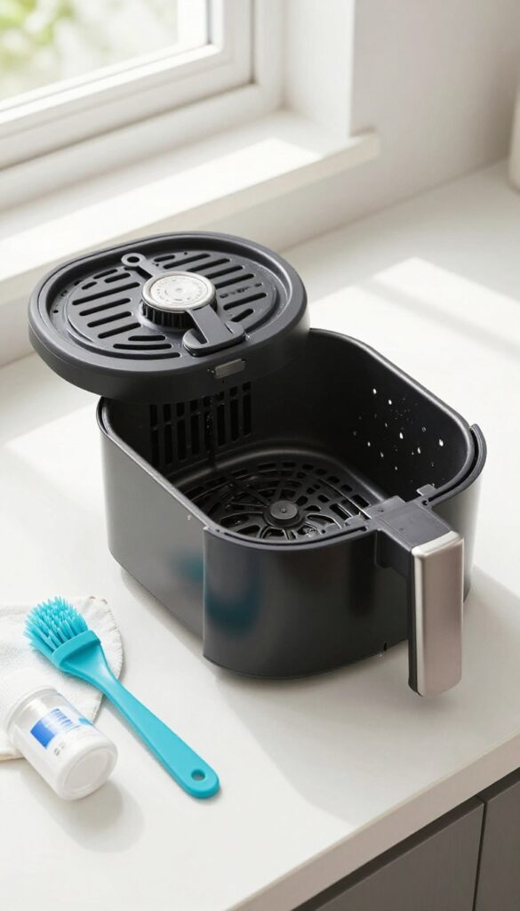 Clean air fryer basket and tray on kitchen counter with cleaning tools nearby