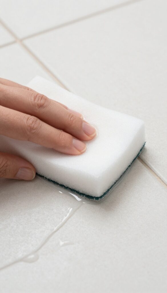 Hand cleaning grout with a magic eraser sponge on tile floor