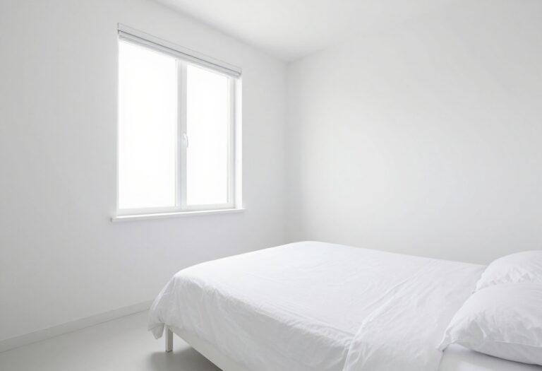 A clean and organized bedroom with a made bed and tidy surfaces