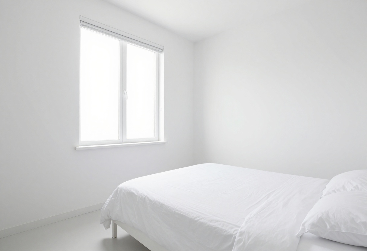 A clean and organized bedroom with a made bed and tidy surfaces