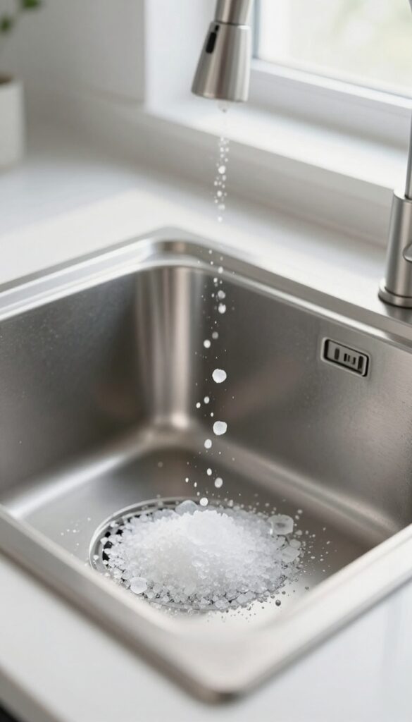 Ice cubes and coarse salt being added to a garbage disposal for cleaning