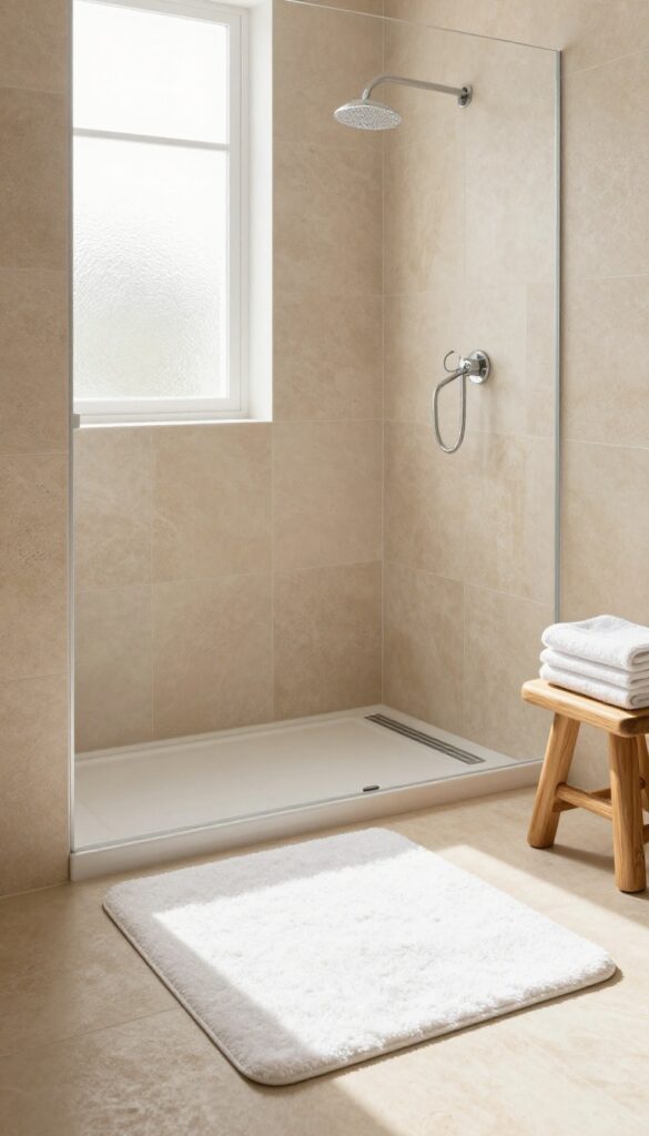 Bathroom with heated flooring, warm stone tiles, and a walk-in shower, showcasing comfort and style.