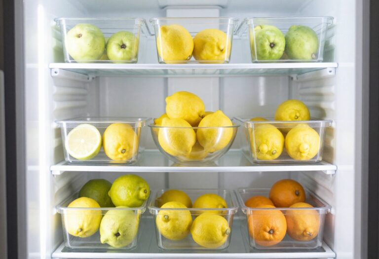 Clean organized refrigerator with fresh produce and clear storage bins