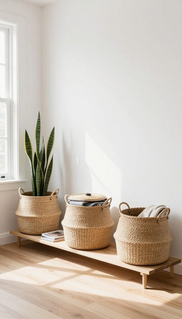 Matching seagrass storage baskets on open shelves in a bright living room