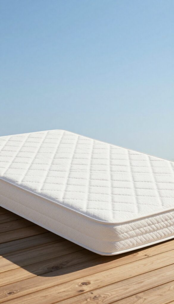 A mattress angled on a sunny deck to air out with sunlight and fresh air.