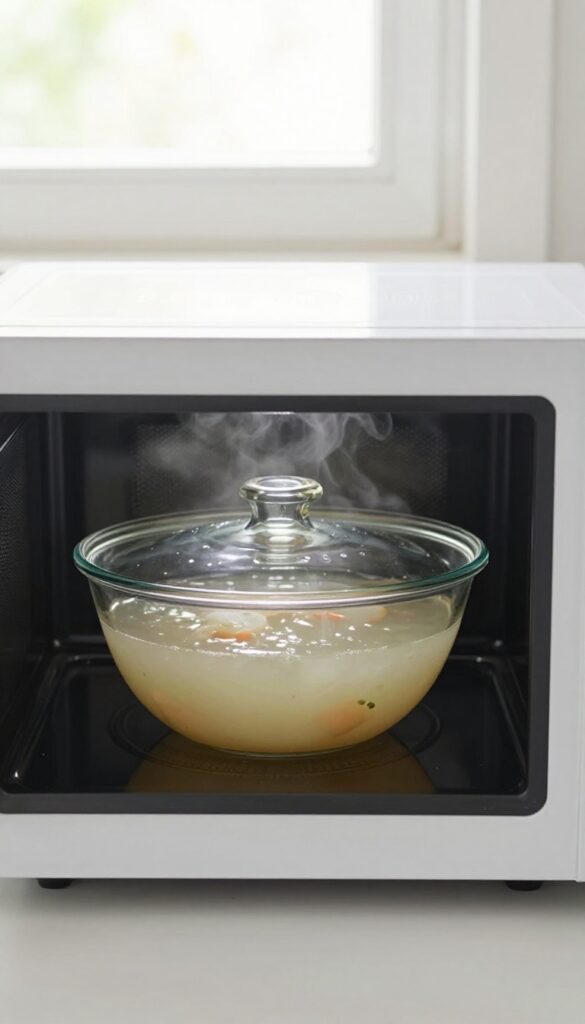 A glass bowl of soup covered with a vented microwave lid inside a clean microwave, with steam escaping through the vents.