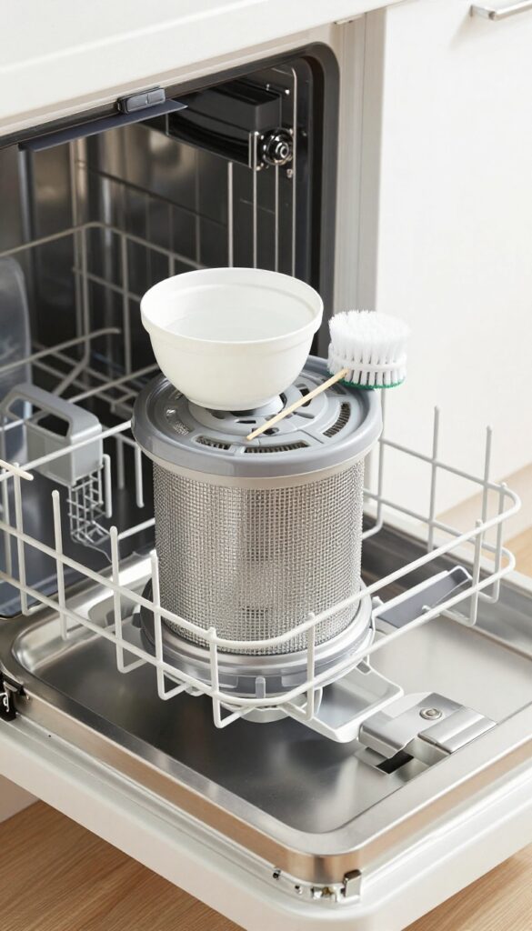 Clean dishwasher filter and interior with vinegar bowl and cleaning tools